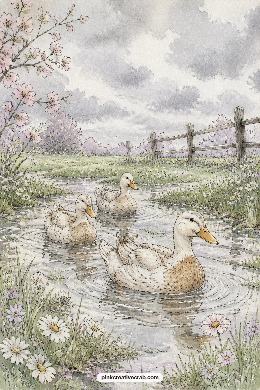 Ducks Paddling Through Puddles printable page — A small family of ducks paddles through puddles across a spring meadow, surrounded by wet grass, scattered