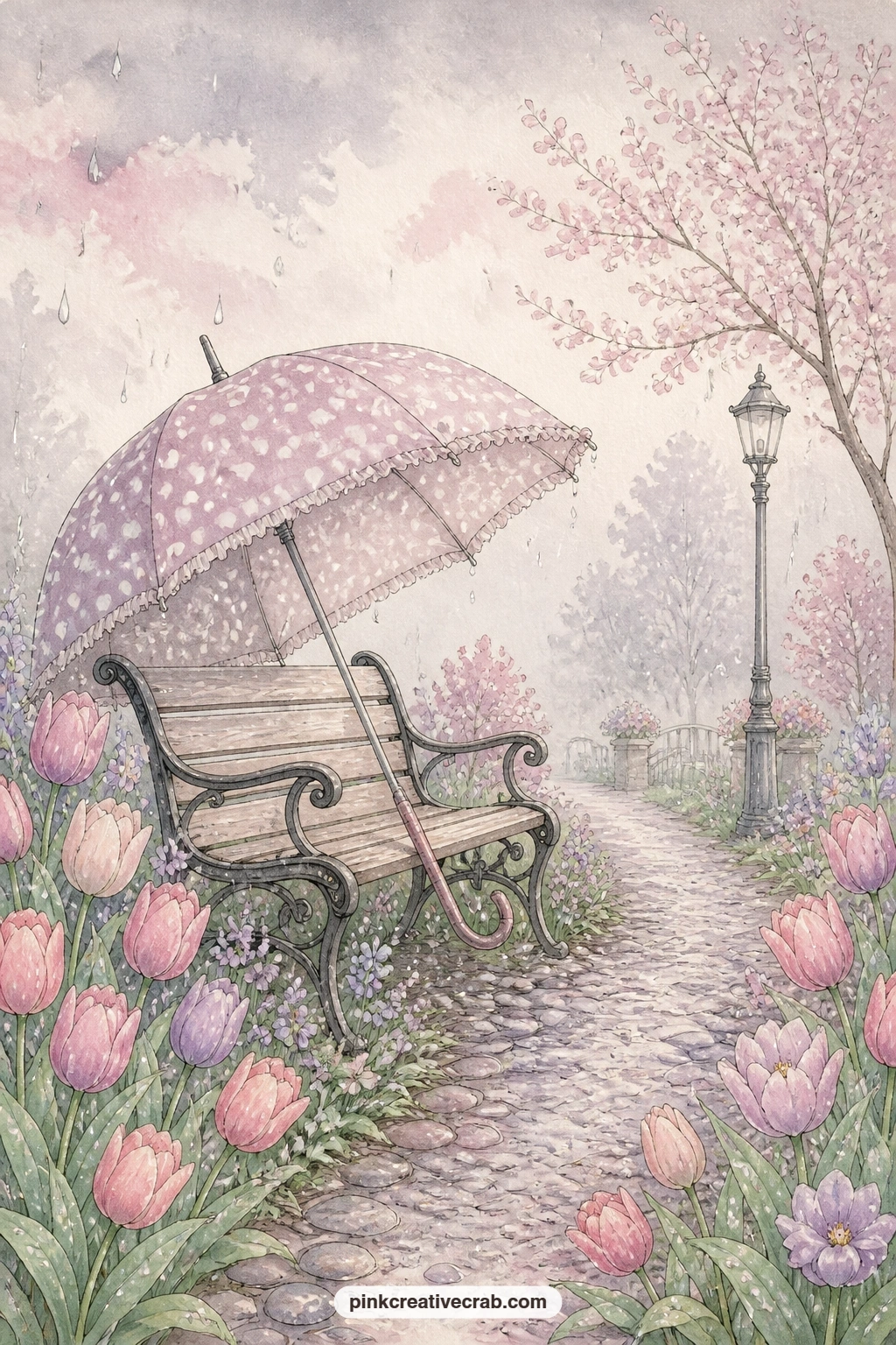 Polka Dot Umbrella Over Bench printable page — Give this page five minutes: a quick wash of grey sky, the umbrella's dots, a few tulip heads leaning in the