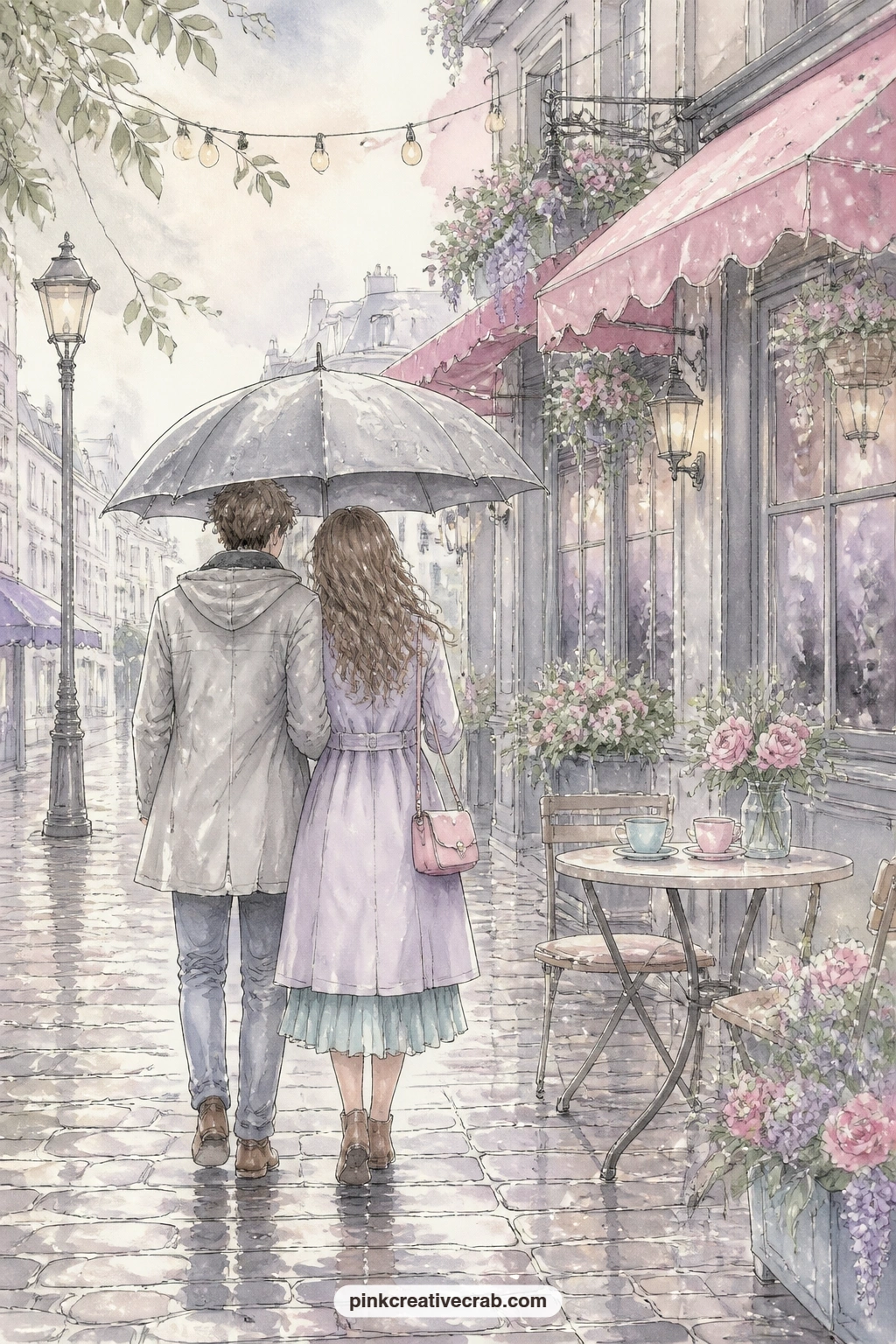 Couple Sharing Umbrella On Cobblestones printable page — Set this one beside its neighbour so the umbrellas seem to pass each other across the gutter, one page