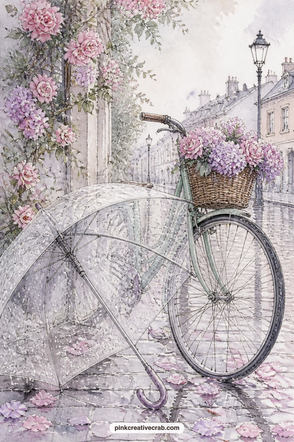 Clear Umbrella Beside Bicycle printable page — A clear umbrella beaded with raindrops leans beside a bicycle loaded with flowers, set against a quiet wet