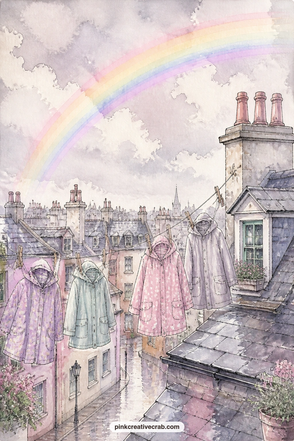 Rainbow Over Wet Rooftops printable page — The usual mistake with a rainbow page is making the colours too bright against the soft palette of the rest of the