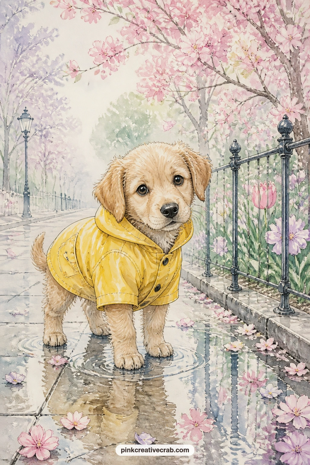 Puppy In Yellow Raincoat printable page — A small puppy in a yellow raincoat trots along a wet sidewalk scattered with fallen blossoms, past a low fence and a
