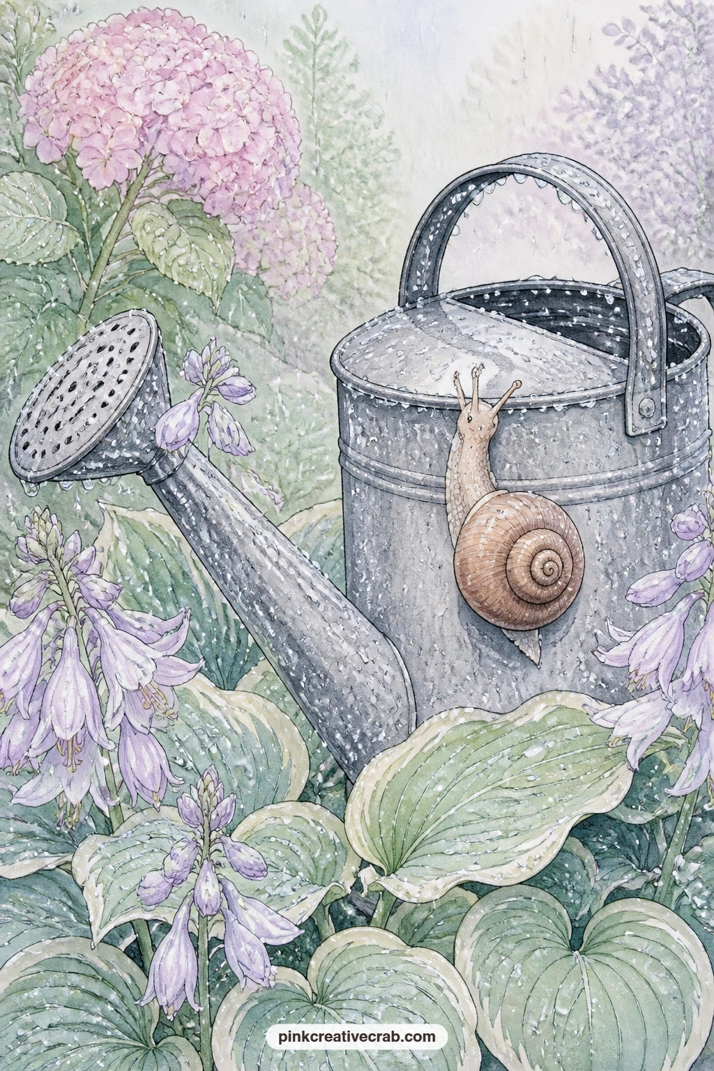 Snail Climbing Watering Can printable page — This is a sweet one to write a short question beside: what is the smallest good thing you noticed on a rainy day