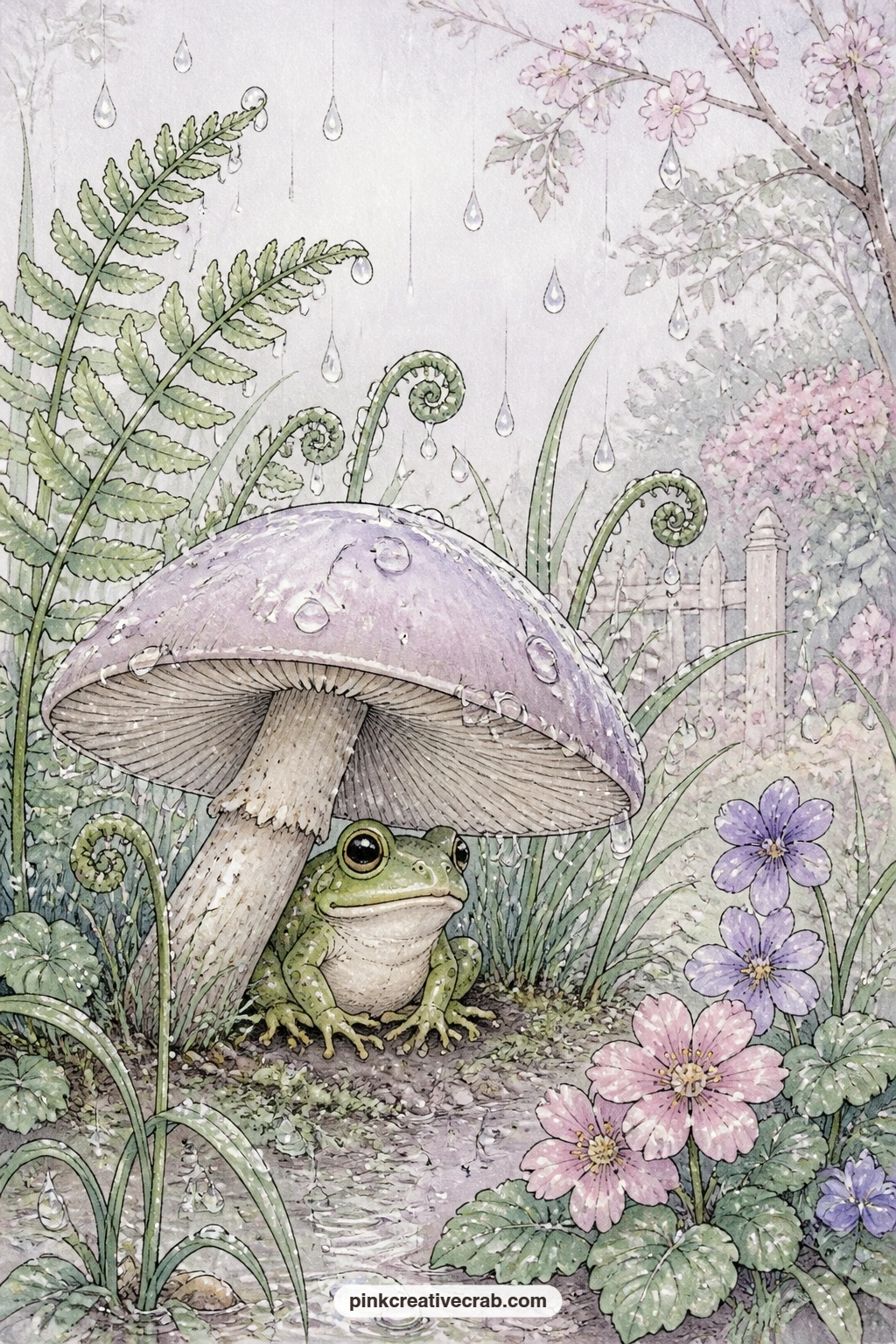 Frog Under Mushroom In Rain printable page — Tear the edge of this page slightly before gluing it in, so the mushroom cap seems to poke past the journal's