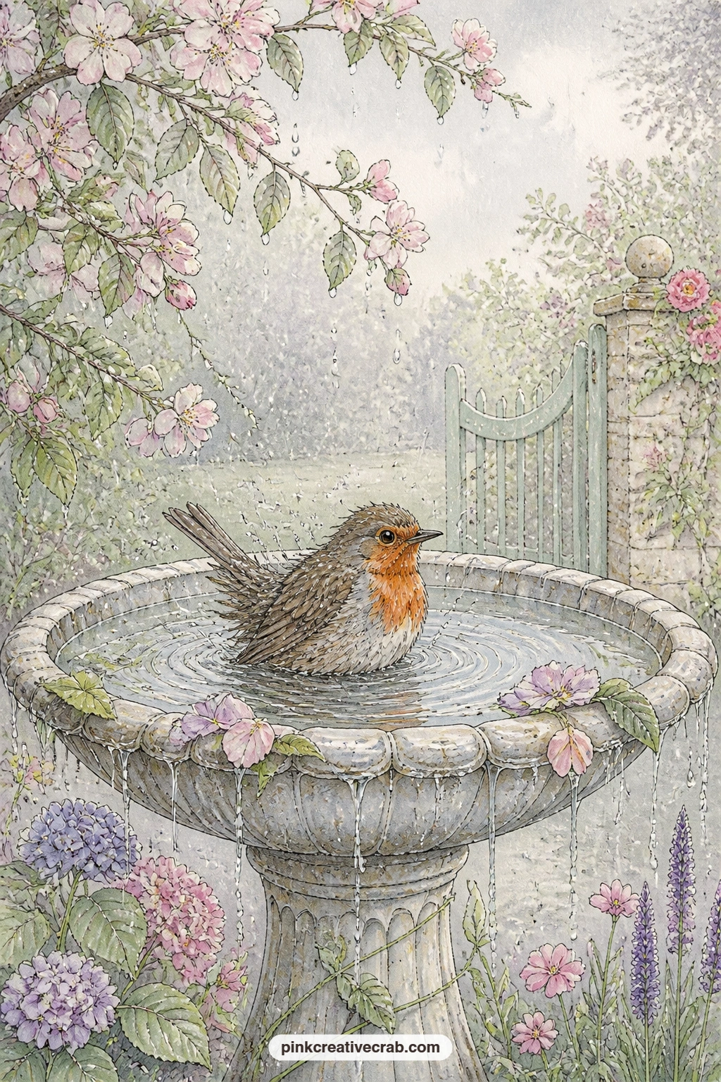 Robin Bathing In Birdbath printable page — A robin splashes in a rain-filled birdbath surrounded by dripping leaves and a few scattered petals, with a soft