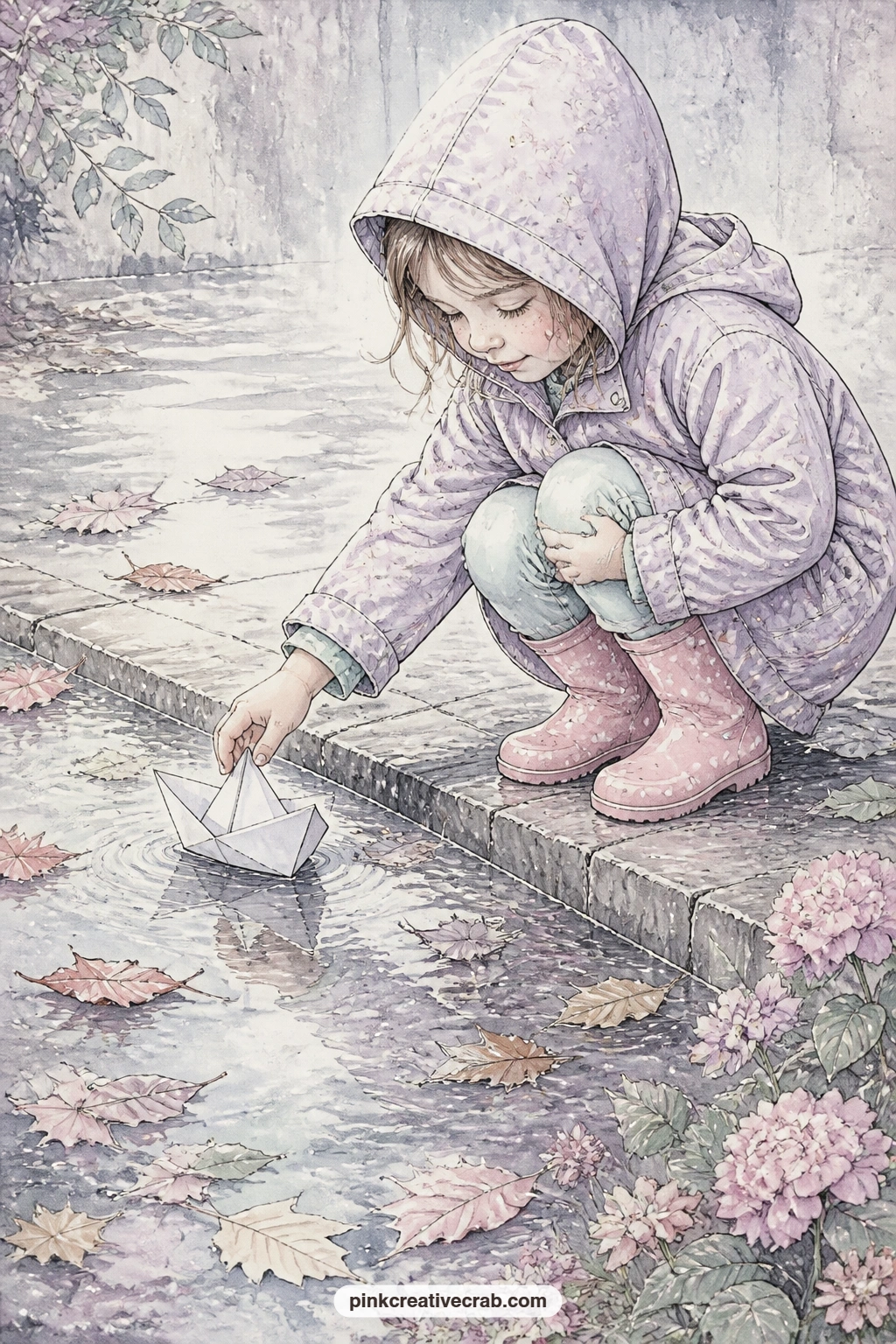Child Sailing Paper Boat printable page — Pair this page with the puddle splashing scene from the start of the kit, letting both small figures face each other