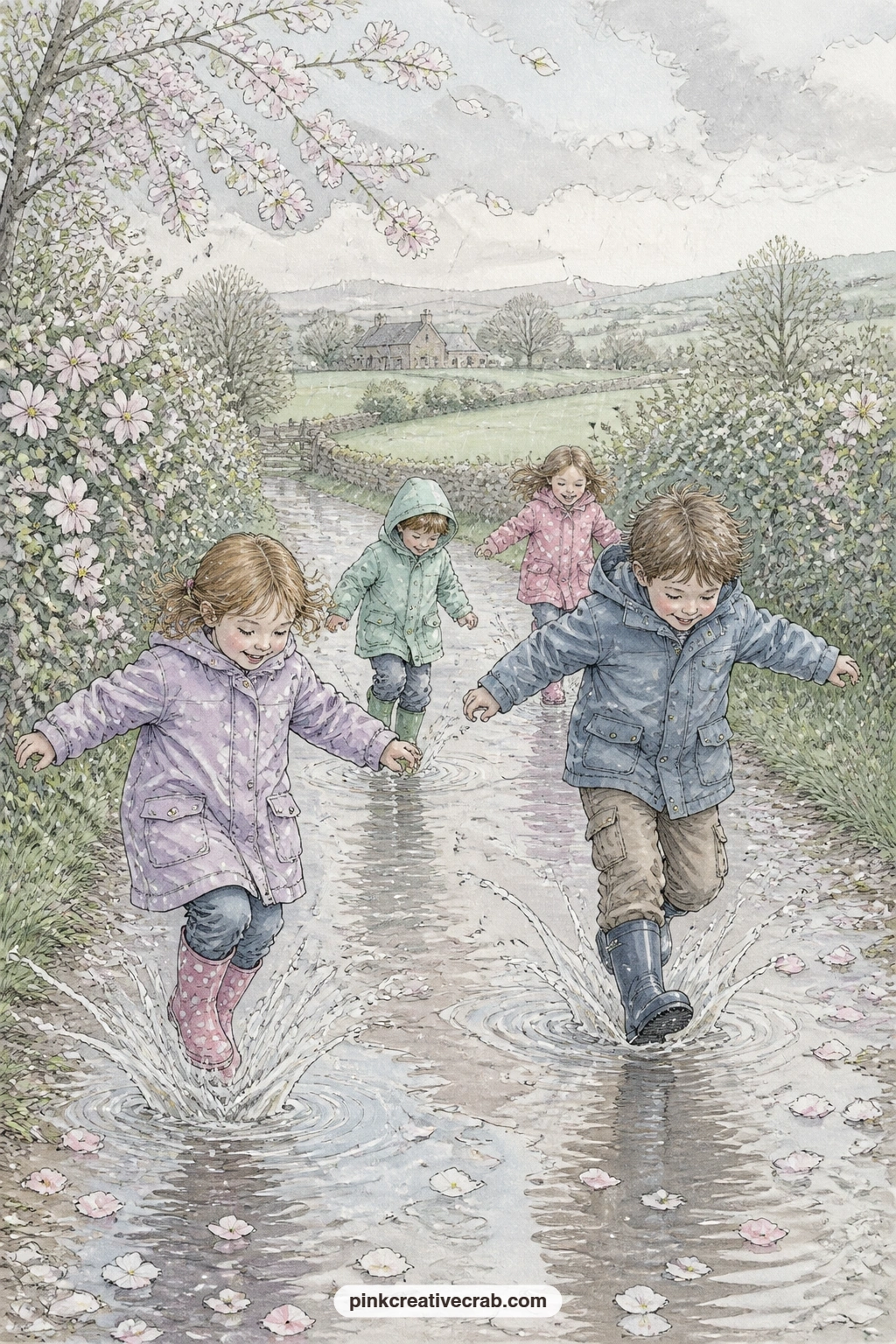 Kids Jumping Puddles On Lane printable page — This spread suits a gift journal meant for a daughter or granddaughter who still loves splashing through puddles