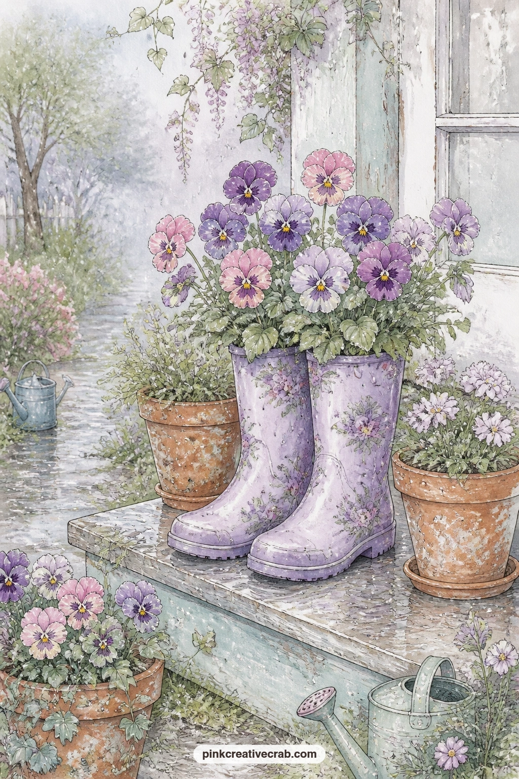 Rain Boots With Pansies printable page — A worn pair of rain boots stands planted with pansies on a back step, surrounded by terracotta pots and a soft wet
