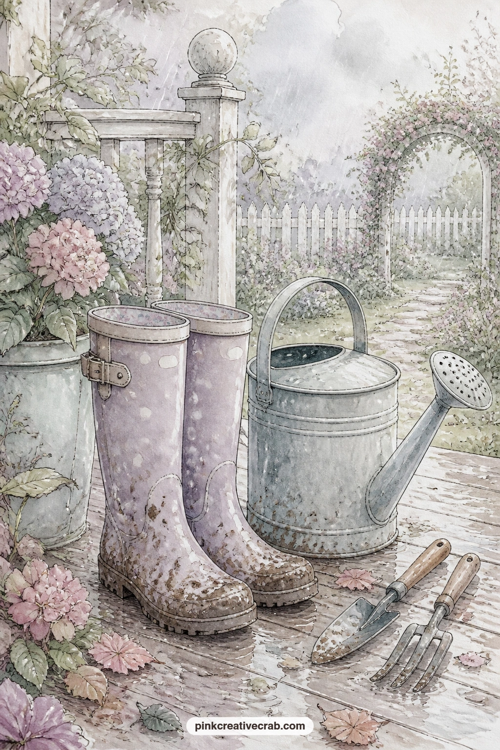 Muddy Boots By Watering Can printable page — This page often gets left too empty, with just the boots and nothing around them, so fill the porch floor with a