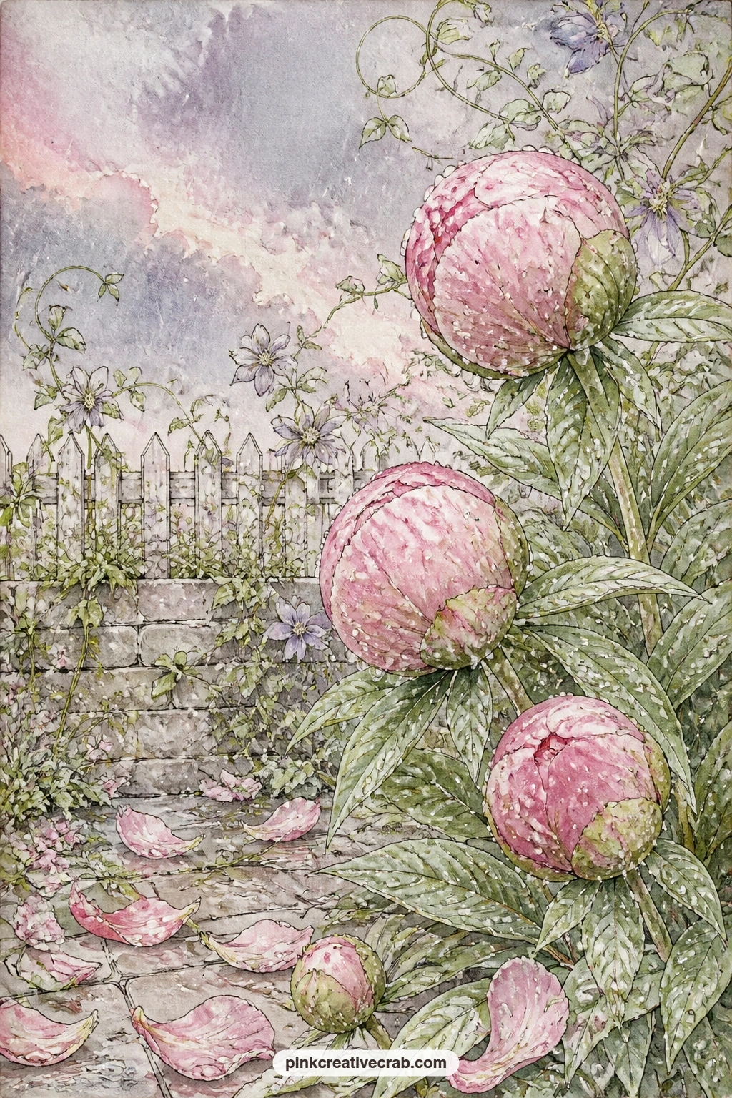 Raindrops On Peony Buds printable page — Heavy raindrops cling to peony buds in a cottage garden, surrounded by trailing stems, scattered petals and a soft