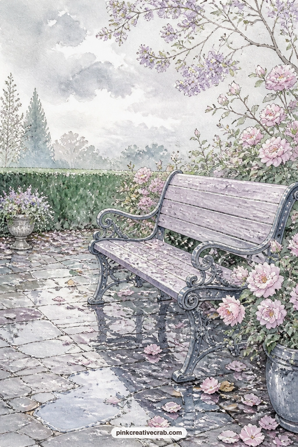 Garden Bench After Rain printable page — Try tea-staining just the bottom edge of this page before printing it into your journal, so the puddle beneath the