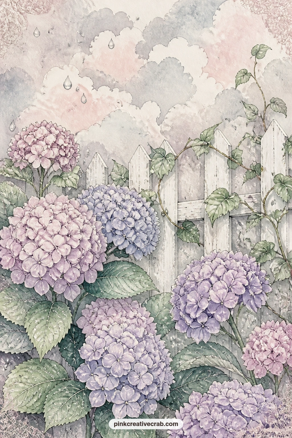 Wet Hydrangeas By Picket Fence printable page — Place this one after the garden bench so the two quiet after-rain scenes sit together, letting the petals on