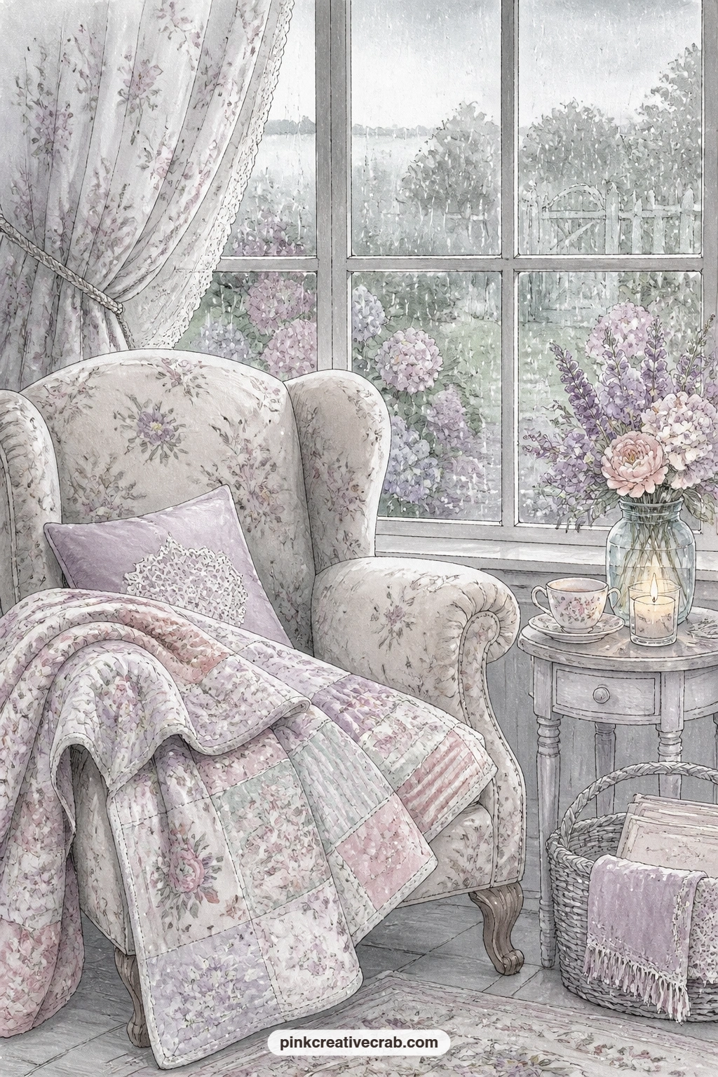 Rainy Afternoon Armchair printable page — This spread works as the quiet ending page of a rainy day section, the armchair, quilt and candle all suggesting the