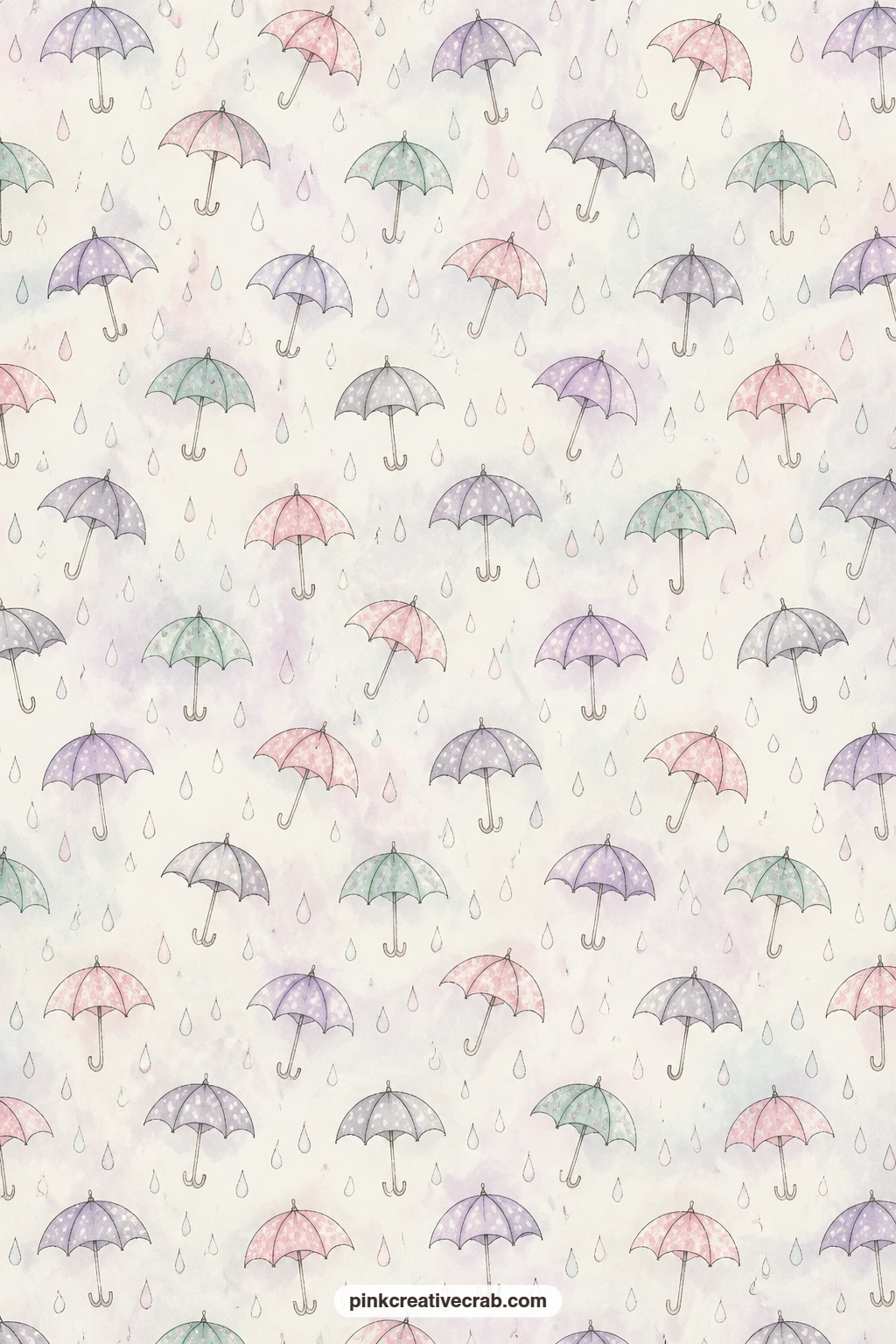 Tiny Umbrellas Pattern printable page — Tiny umbrellas and scattered raindrops repeat across a pale blue ground, perfect as a pocket lining, a photo backing or