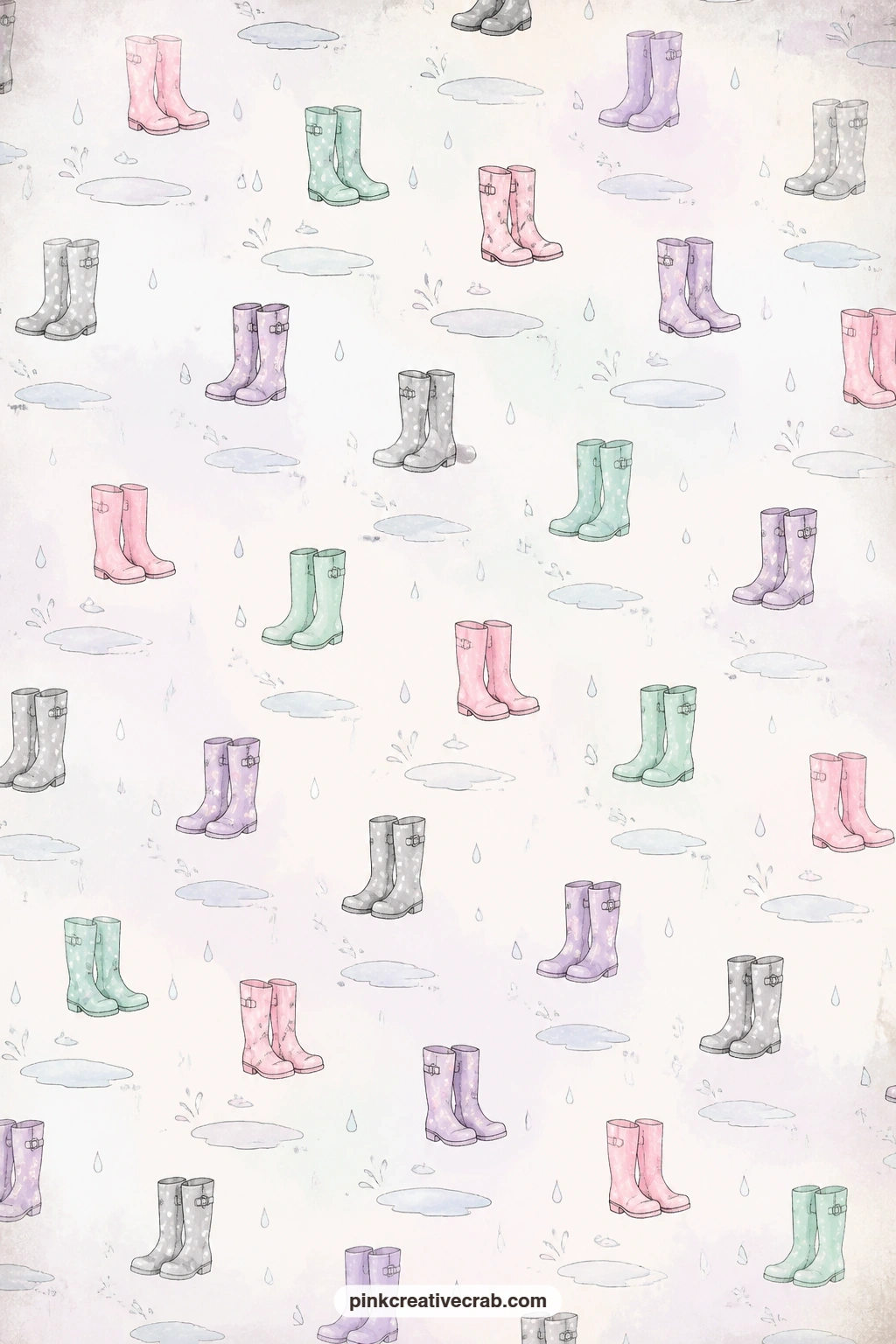 Little Rain Boots Pattern printable page — Little rain boots and puddle shapes scatter across cream paper, useful behind a photo of muddy little feet or as a