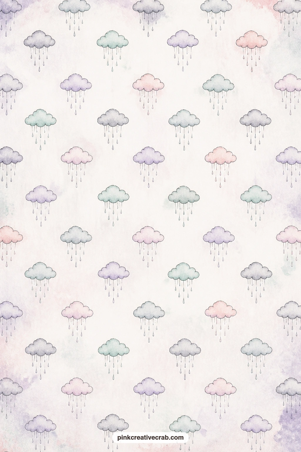 Clouds And Rain Showers Pattern printable page — Small clouds trailing light rain showers repeat across mint paper, good under a tea-stained photo, as a pocket
