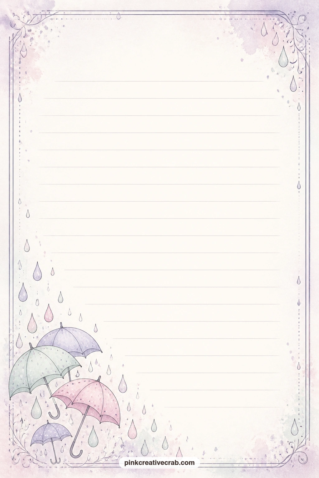 Umbrella And Raindrop Corner Lined Page printable page — Small umbrellas and raindrops gather in one corner of this lined page, good for a short weather diary