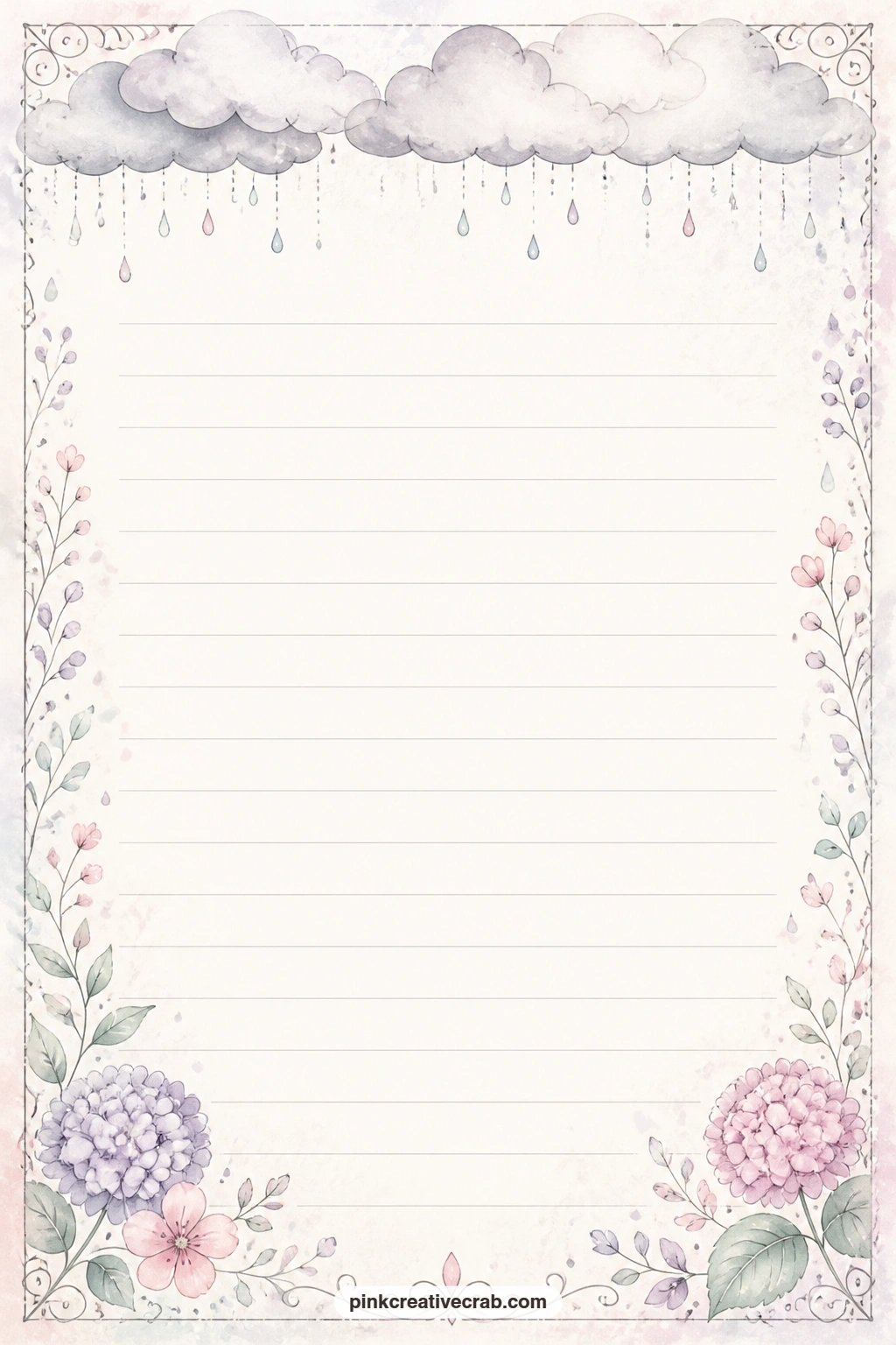Rain Clouds Top Border Lined Page printable page — A soft band of rain clouds runs along the top of this page, suited to a gift list, a letter to next year's