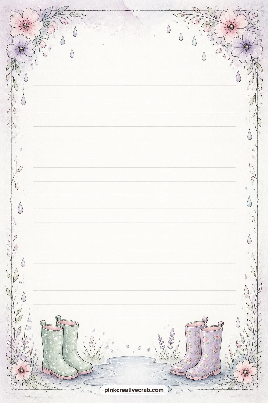 Rain Boots And Puddle Bottom Border Lined Page printable page — Small rain boots and a puddle sit along the bottom edge, a good spot for a splash-day memory, a