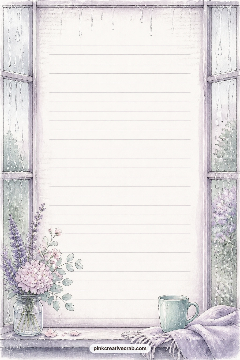 Rain Streaked Window Frame Lined Page printable page — A faint window frame streaked with rain borders this page, fitting for a letter to a friend, a note