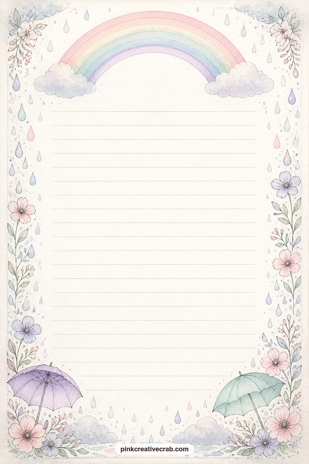Rainbow And April Shower Border Lined Page printable page — A pale rainbow and a scattering of raindrops trace the border here, good for a gratitude list, a