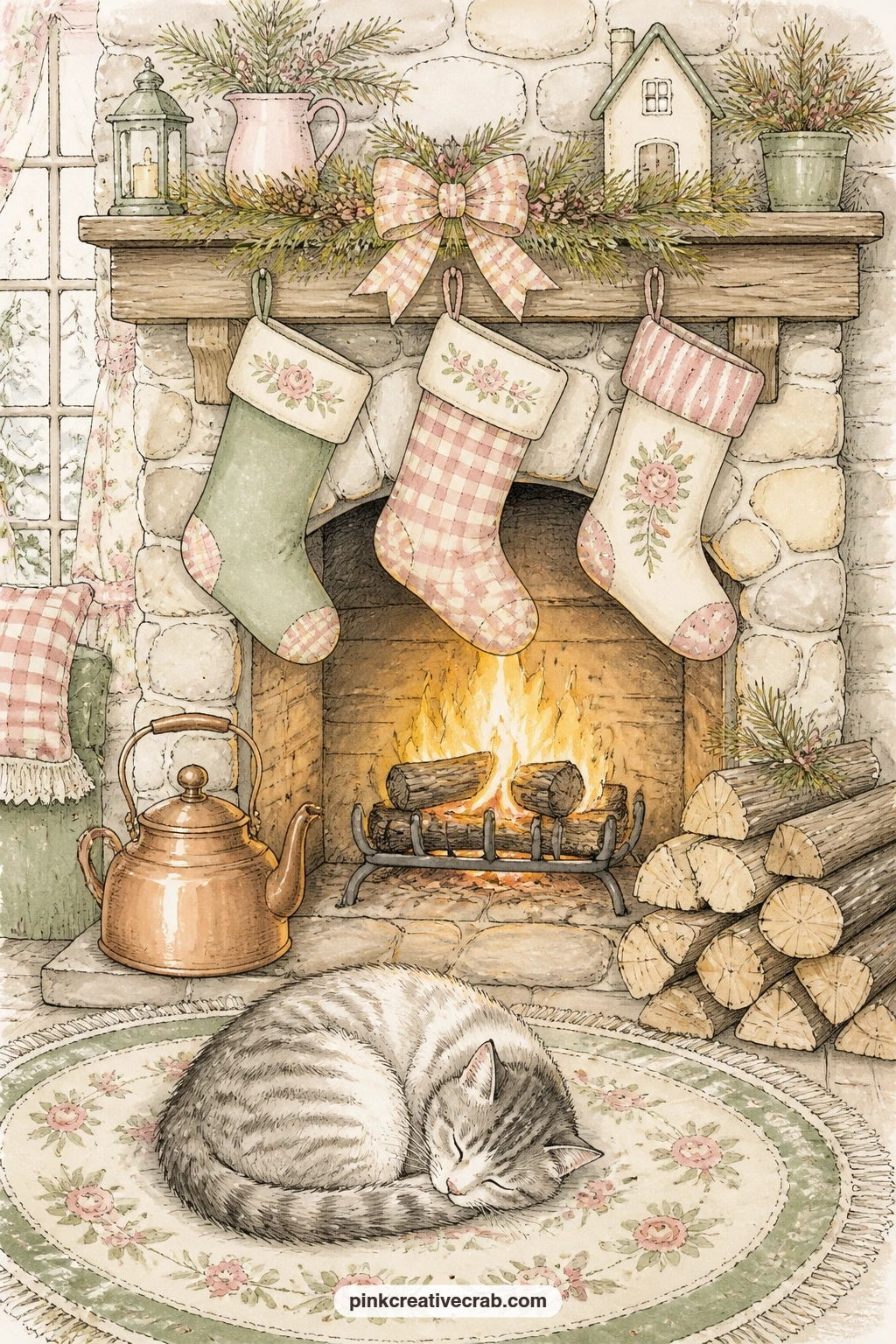Stone Hearth With Stockings printable page — Pair this one with the red quilt patch background from this set: tuck a strip of the pattern behind the mantel as
