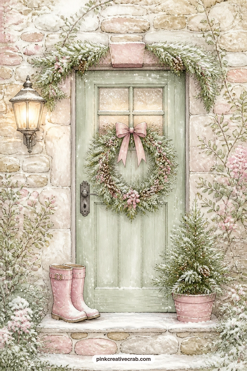 Cottage Door With Wreath printable page — The usual mistake with a front door page is leaving it flat and empty behind the wreath, so paint a little weather