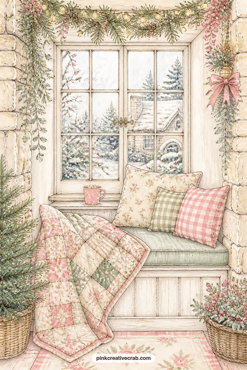 Window Seat With Quilt printable page — Write a line about the view from this window, what the snow looks like falling past the glass, or who you wish was