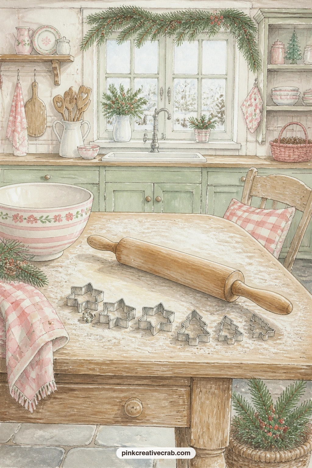 Kitchen Table With Rolling Pin printable page — Glue a small recipe card, a grocery list or a photo of your own baking right onto the floured table here, there