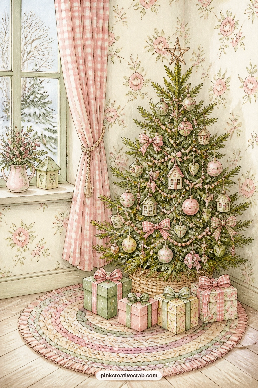 Decorated Tree In Corner printable page — For the five minute version, paint just the tree and the rug beneath it, skip the wrapped gifts and let the rag rug