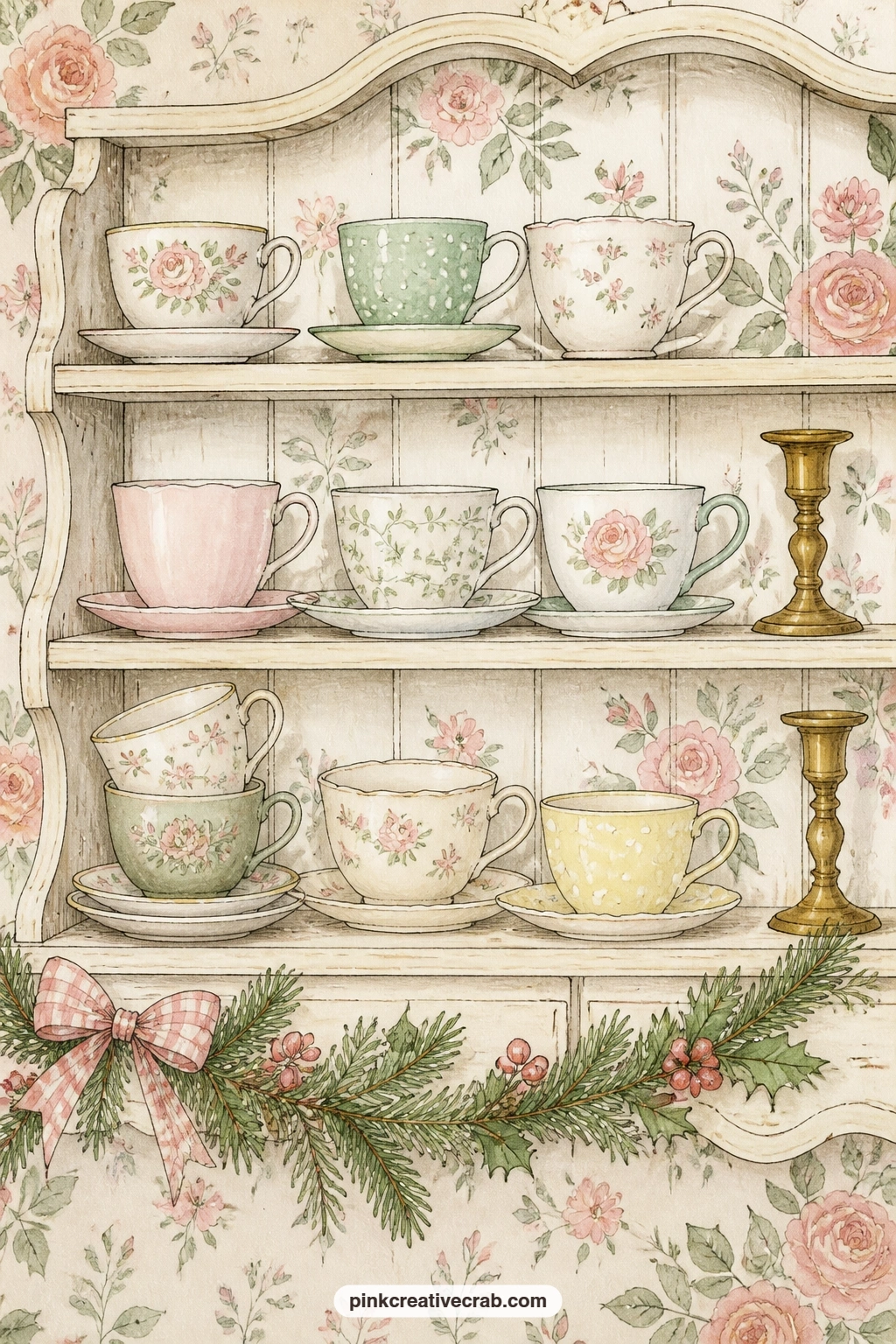 Dresser Shelf Of Teacups printable page — This shelf suits a gift journal made for someone who collects teacups or loves a quiet morning ritual, give her a