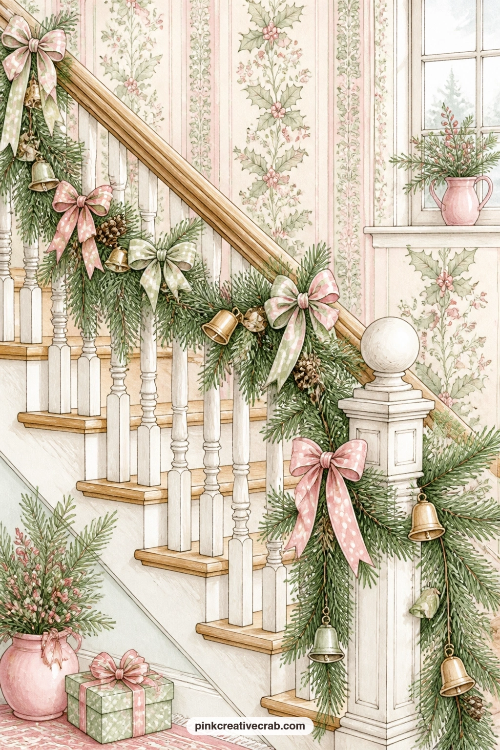 Banister With Pine Garland printable page — A stair banister wrapped in pine, ribbon bows and tiny bells climbs up one side of the page, with the landing and a