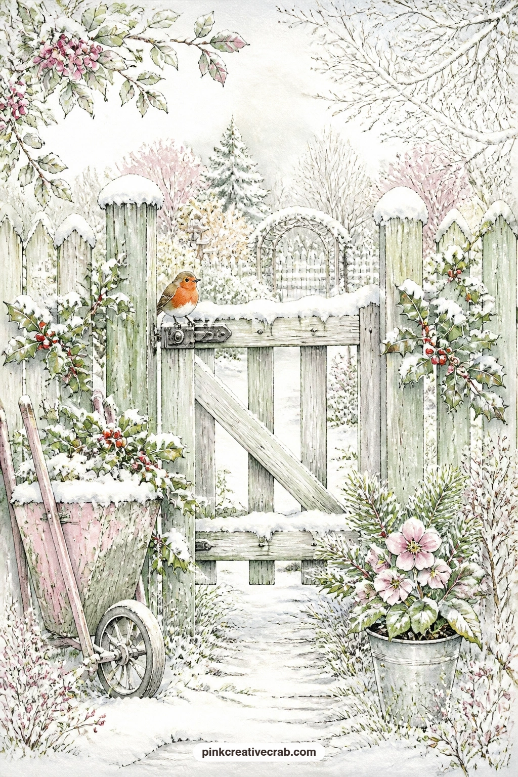 Garden Gate In Snow printable page — Try this page beside the tiny cottage and pine tree row background, the little trees in the pattern echo the hedge along