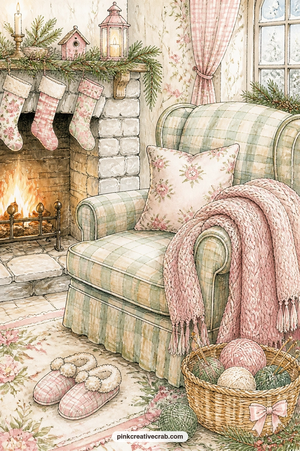 Armchair By The Fire printable page — A knitted throw lies folded over the arm of this chair, slippers wait by the footstool and a basket of yarn sits close