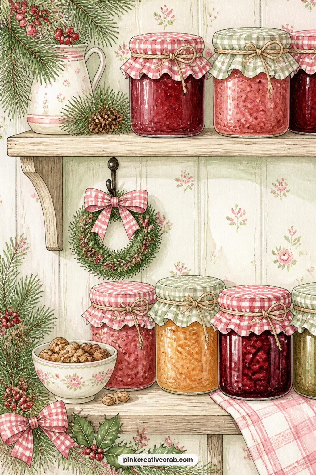 Pantry Shelf Of Jam Jars printable page — Jam jars with gingham lids line this shelf for forty seven words of quiet cottage storage, nuts piled in a small bowl