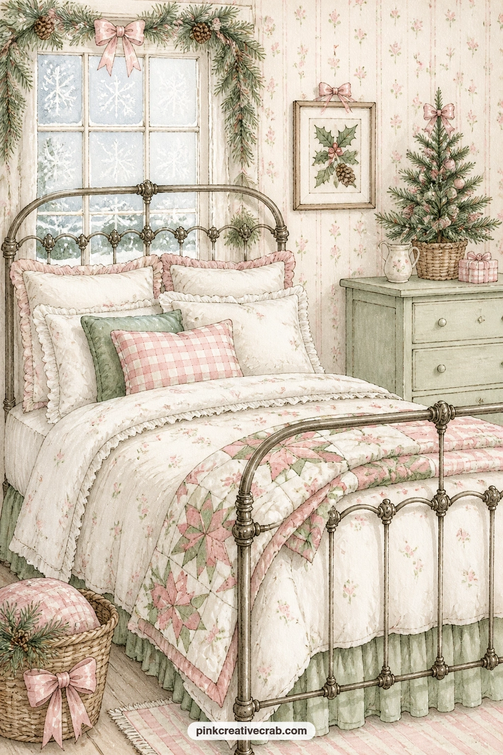 Bedroom With Iron Bed printable page — Fold a small paper note under the quilt corner here, a wish for the new year or a line about the last gift you unwrapped