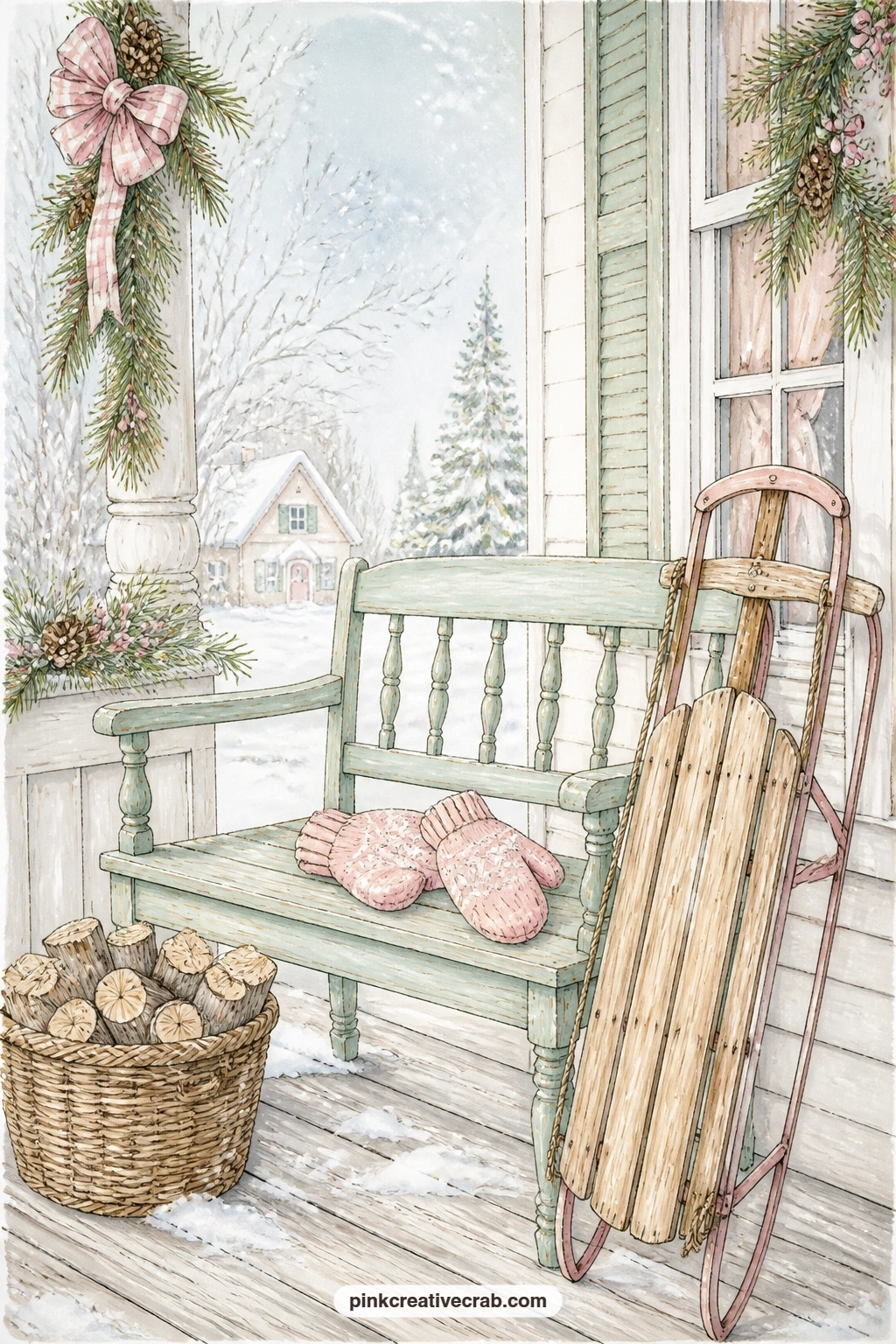 Porch Bench With Sled printable page — Tear the bottom edge of this page roughly before gluing it in, the uneven line reads like snow drifted against the porch