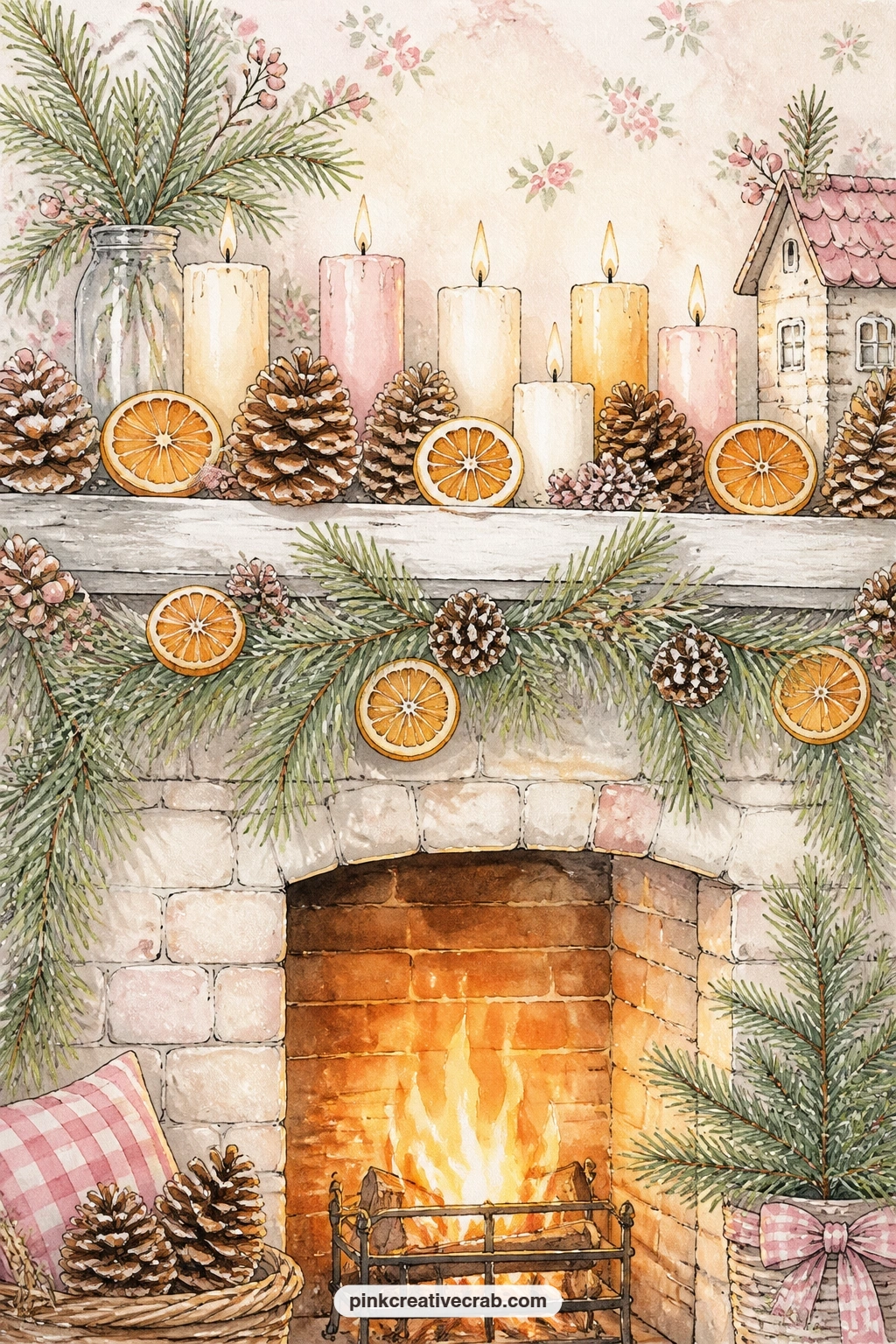 Mantel With Pinecones And Oranges printable page — This mantel carries pinecones, dried oranges, a row of candles and a pine swag strung across the front, the
