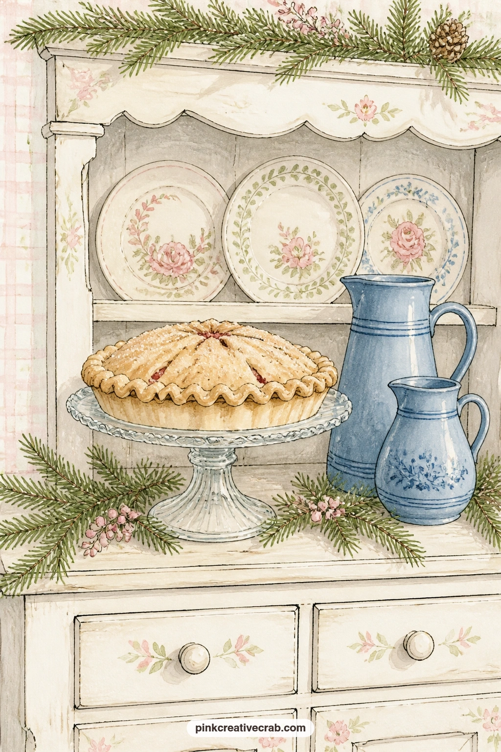 Hutch With Pie On Stand printable page — Place this hutch page next to the kitchen table scene earlier in the set, the pie on its stand and the floured table