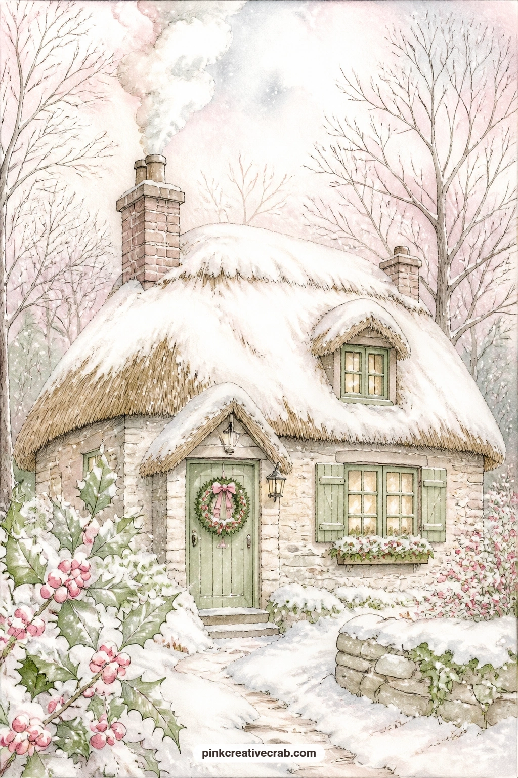 Thatched Cottage In Snow printable page — A thatched cottage sits low under fresh snow, smoke curling from its chimney and a holly wreath hung on the door, the