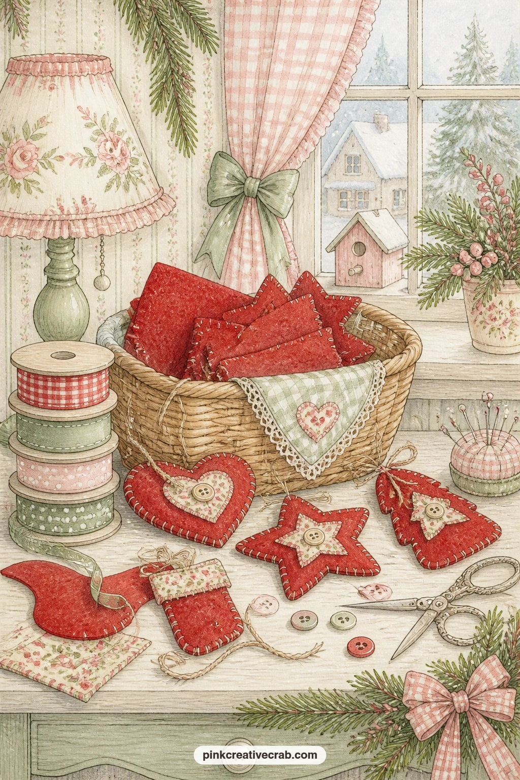 Sewing Corner With Red Felt printable page — Glue a scrap of real ribbon or a swatch of fabric right onto this page where the ribbon spools sit, it turns the