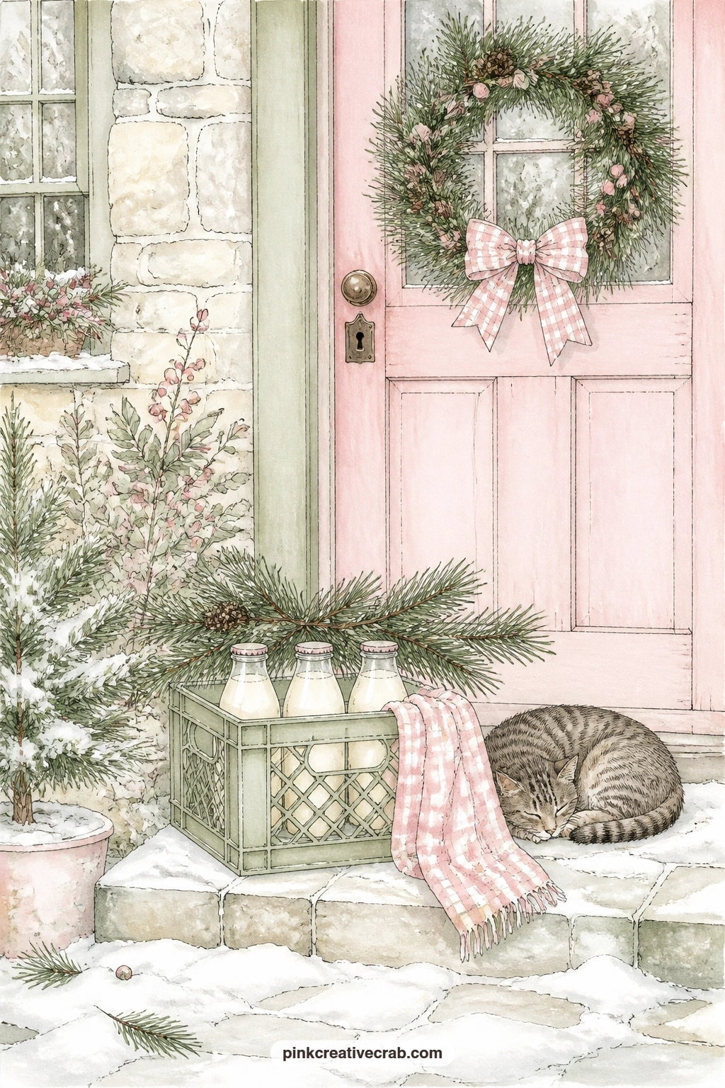 Doorstep With Milk Crate printable page — A milk crate sits on the cottage doorstep with a pine bough laid across it, and a tabby cat dozes nearby in a scene