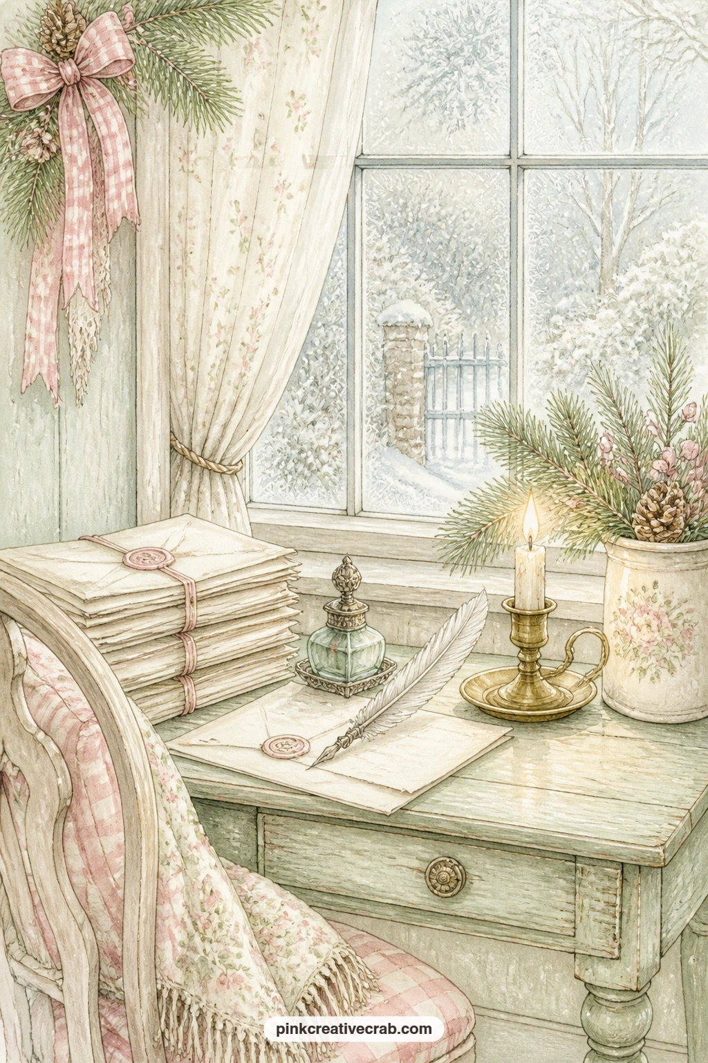 Writing Desk By Frosty Window printable page — Leave a flap on this page so a small folded letter can tuck behind the desk, right where the sealed envelopes