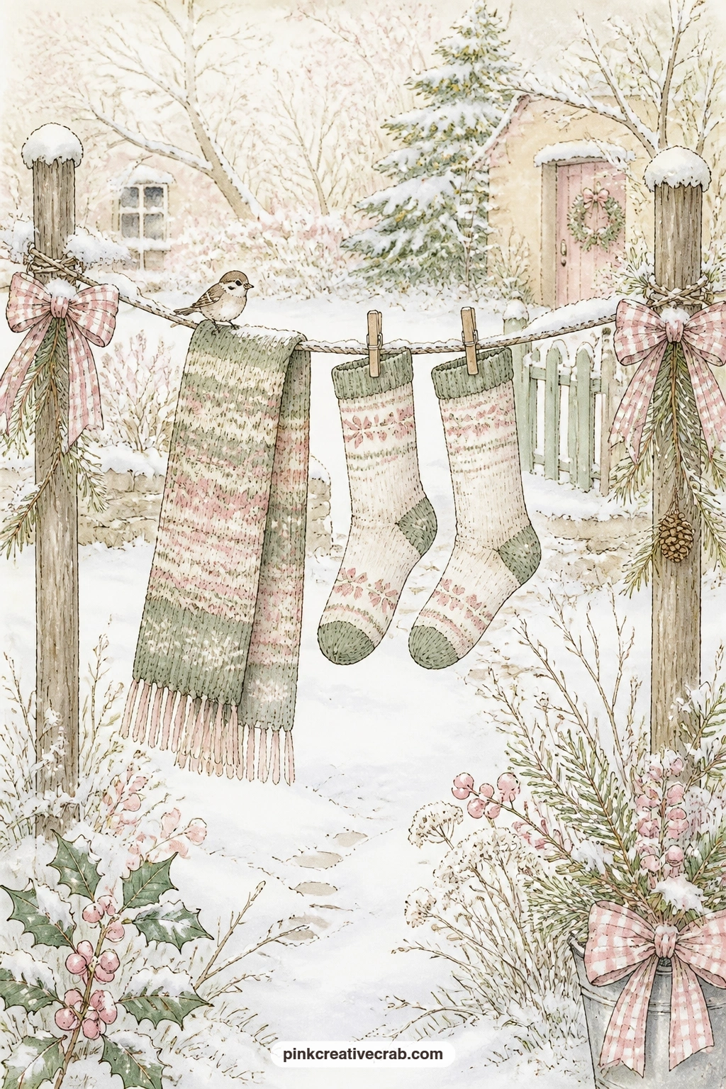 Clothesline In The Snow printable page — A sparrow perches on a clothesline strung with a knitted scarf and a pair of wool stockings, snow gathered along the