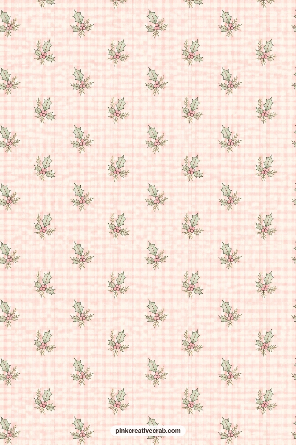 Gingham And Holly Sprig Pattern printable page — This small check pattern scattered with holly sprigs works well as a pocket lining behind a kitchen page, a