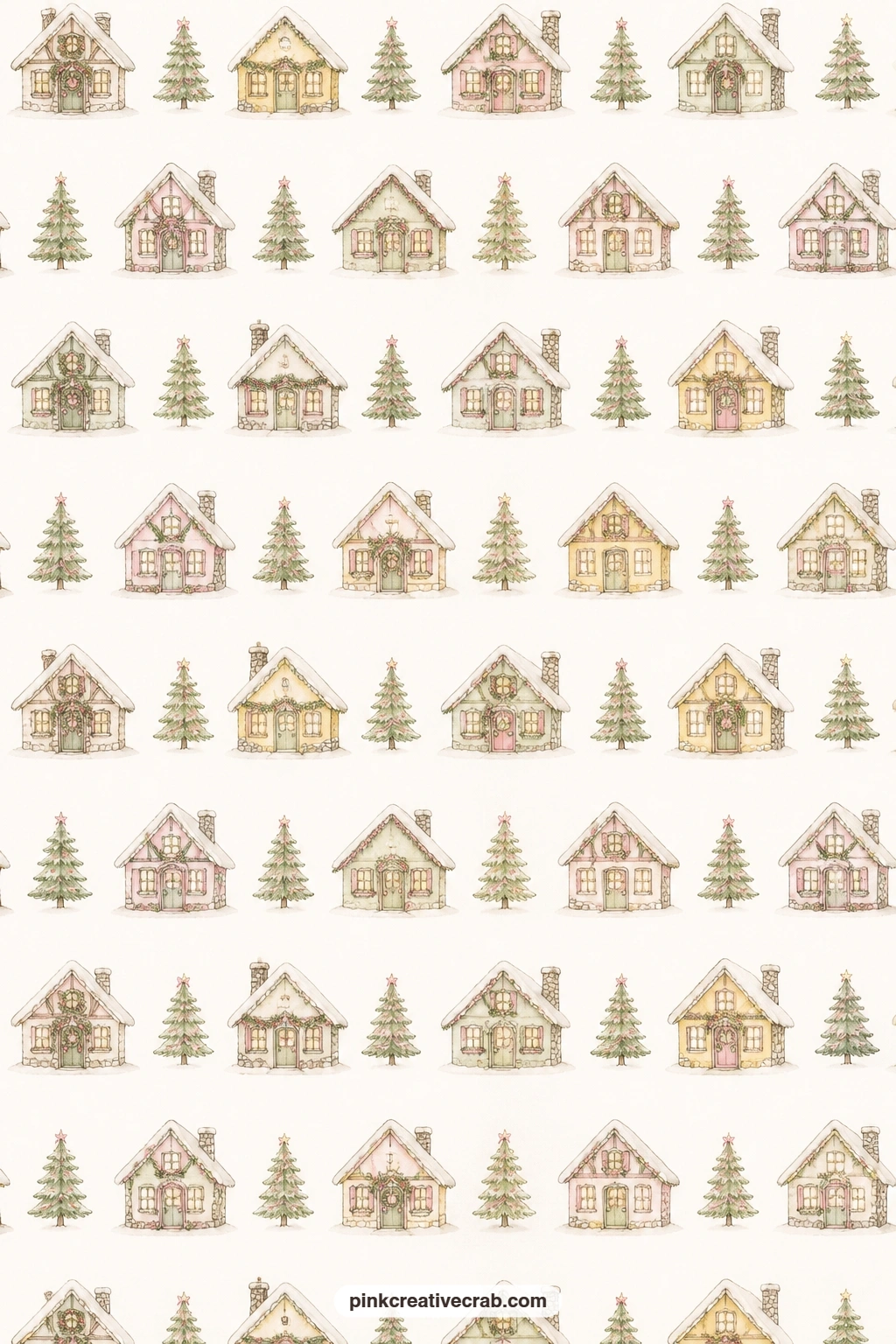 Tiny Cottage And Pine Row Pattern printable page — Rows of tiny cottages and pine trees repeat across this sheet, perfect under a photo of your own front door