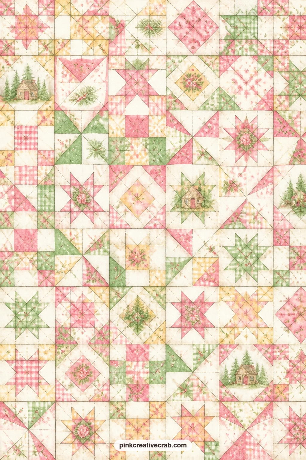 Red Quilt Patch Block Background Paper printable page — Patchwork quilt blocks in warm red repeat across this page, ready to sit behind the hearth scene, line