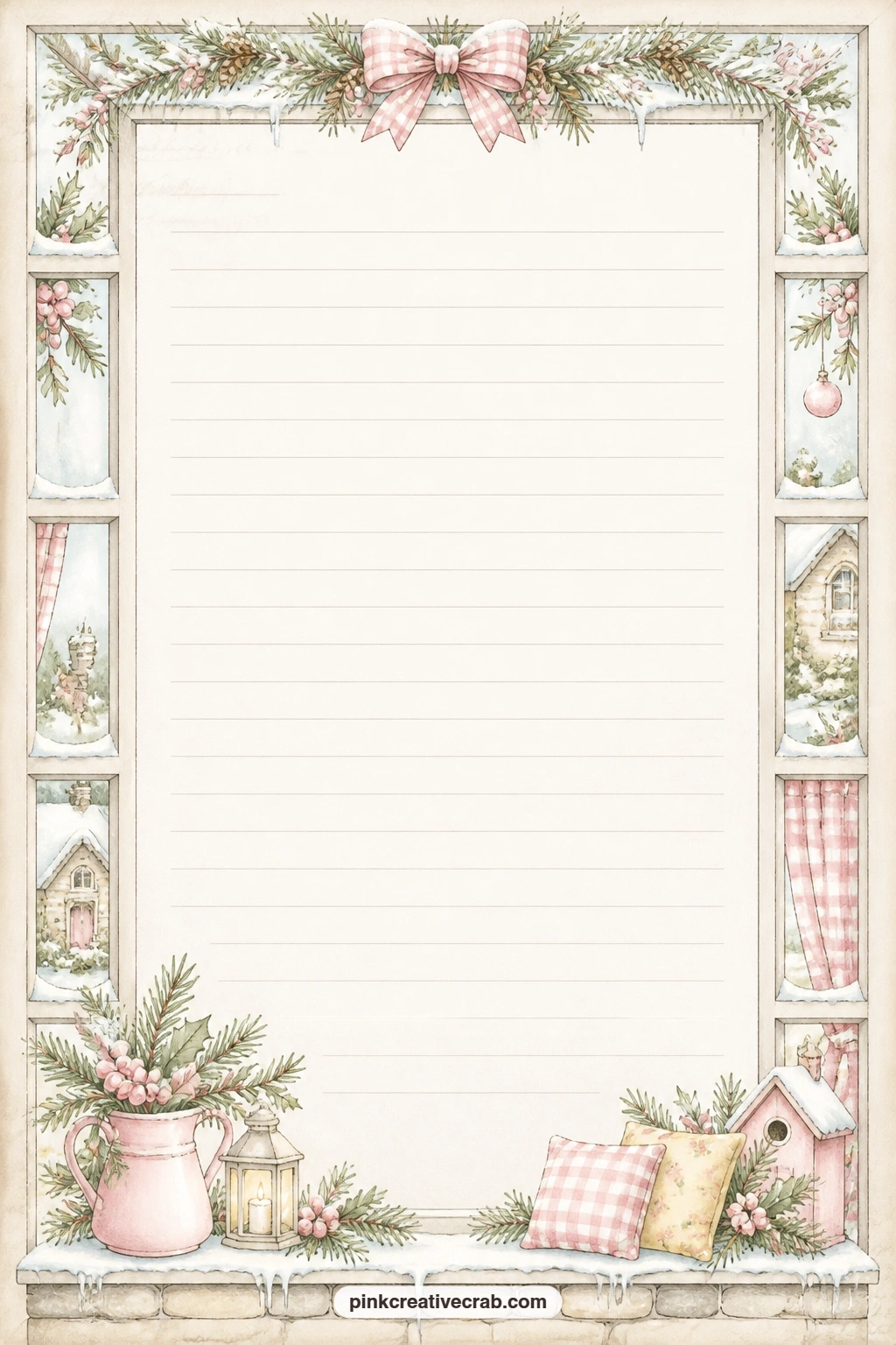Cottage Window Frame Lined Page printable page — Small panes and a sill of frost edge this page, leaving room in the middle for a gift list, a letter to next