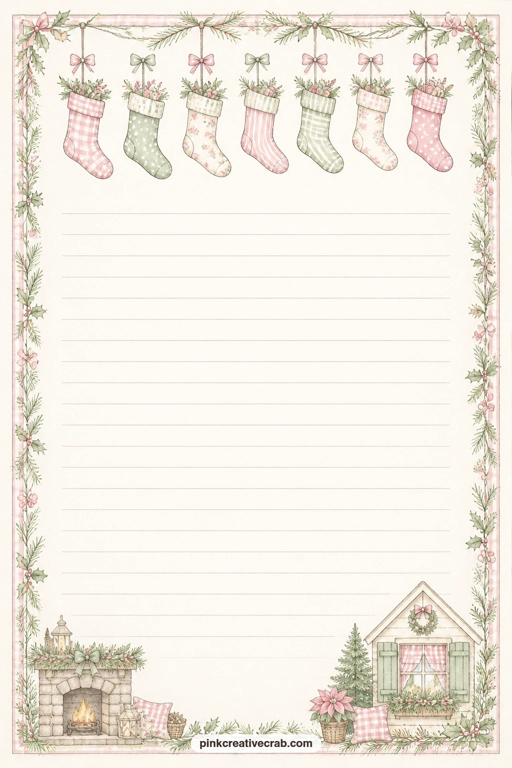 Hearth Stocking Row Lined Page printable page — A row of small stockings hangs along the top border here, leaving the middle open for a menu, a list of who