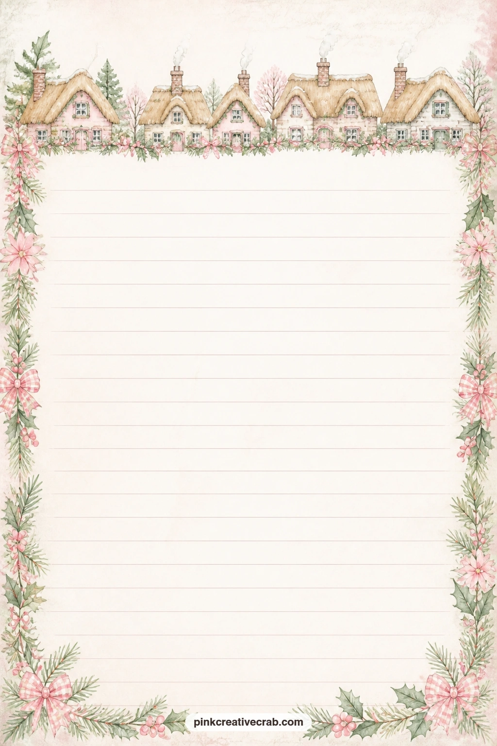 Thatched Roof Top Band Lined Page printable page — A narrow band of thatched rooftops and chimney smoke runs along the top of this page, good for a weather